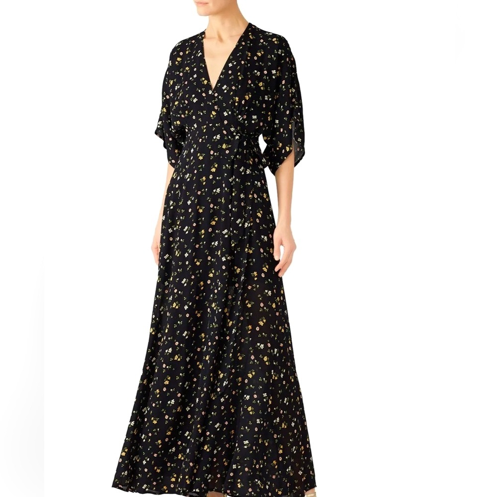 REFORMATION Winslow Black Floral Maxi Wrap Dress Kimono French Girl BOHO M L NEW - Picture 2 of 10